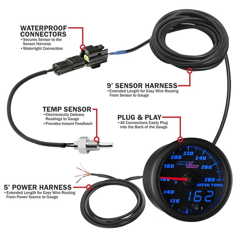 MaxTow Double Vision 280 F Water Coolant Temperature Gauge Kit - Includes Electronic Sensor - Black Gauge Face - Blue LED Illuminated Dial - Analog & Digital Readouts - for Trucks - 2-1/16" 52mm - Image 3